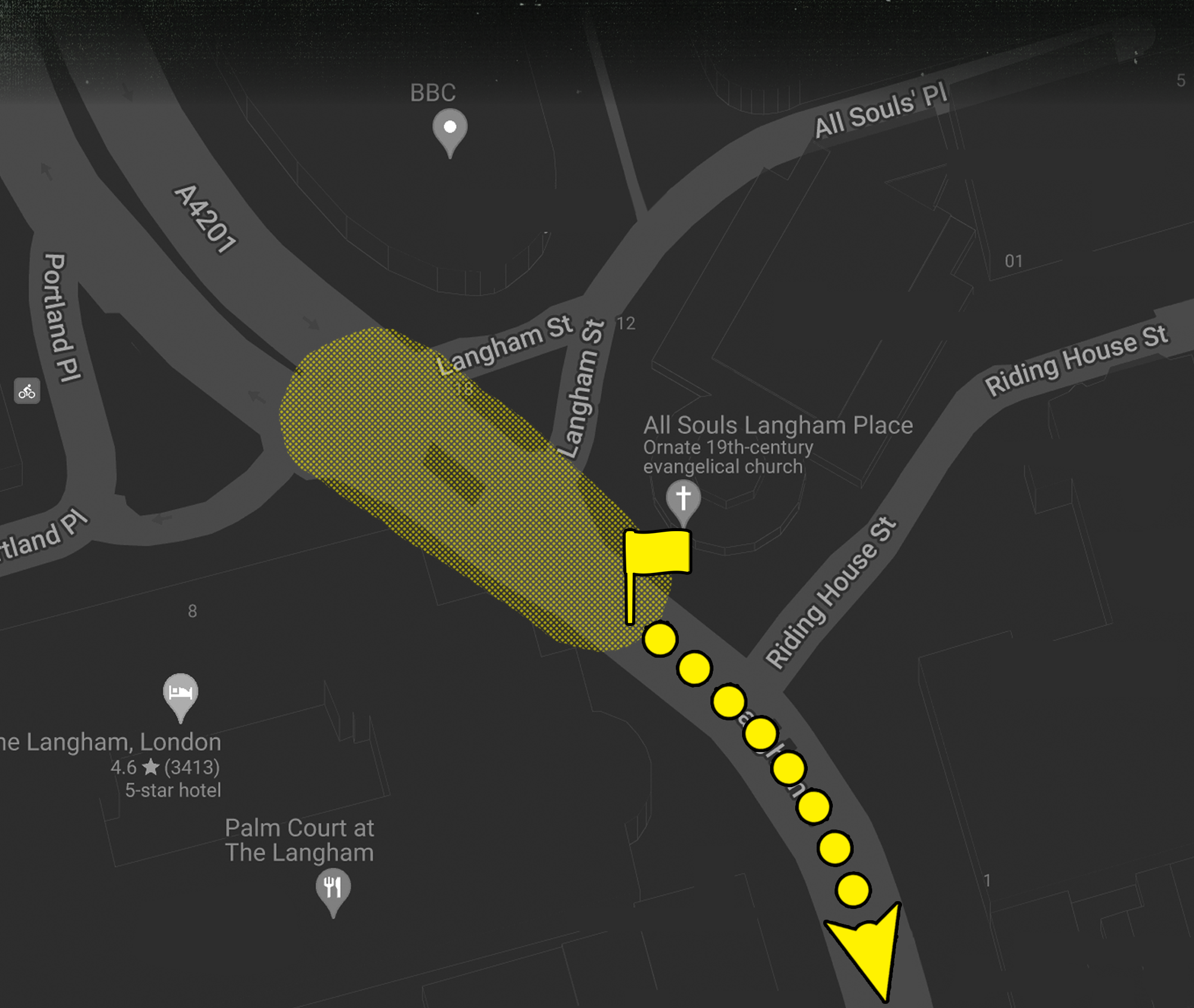 This map shows the meeting point for London Trans+ Pride 2025. The map is in black and white, with yellow highlighting important locations and route.  The accessibility meeting point for the start of the march is marked with a yellow flag and is located in front of the All Souls Langham Place church. The assembly point for the rest of the march is marked with a transparent yellow, throughout Langham Place towards the BBC. The map shows the direction of the march with yellow dots, heading south from Langham Place, down Regents St.